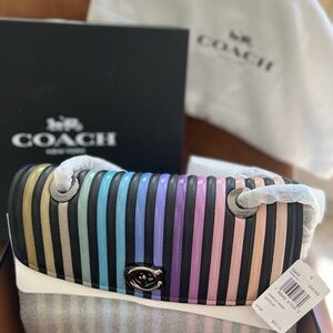 Coach Striped Quilted Shoulder Bag in Black with Rainbow Pastel Stripes